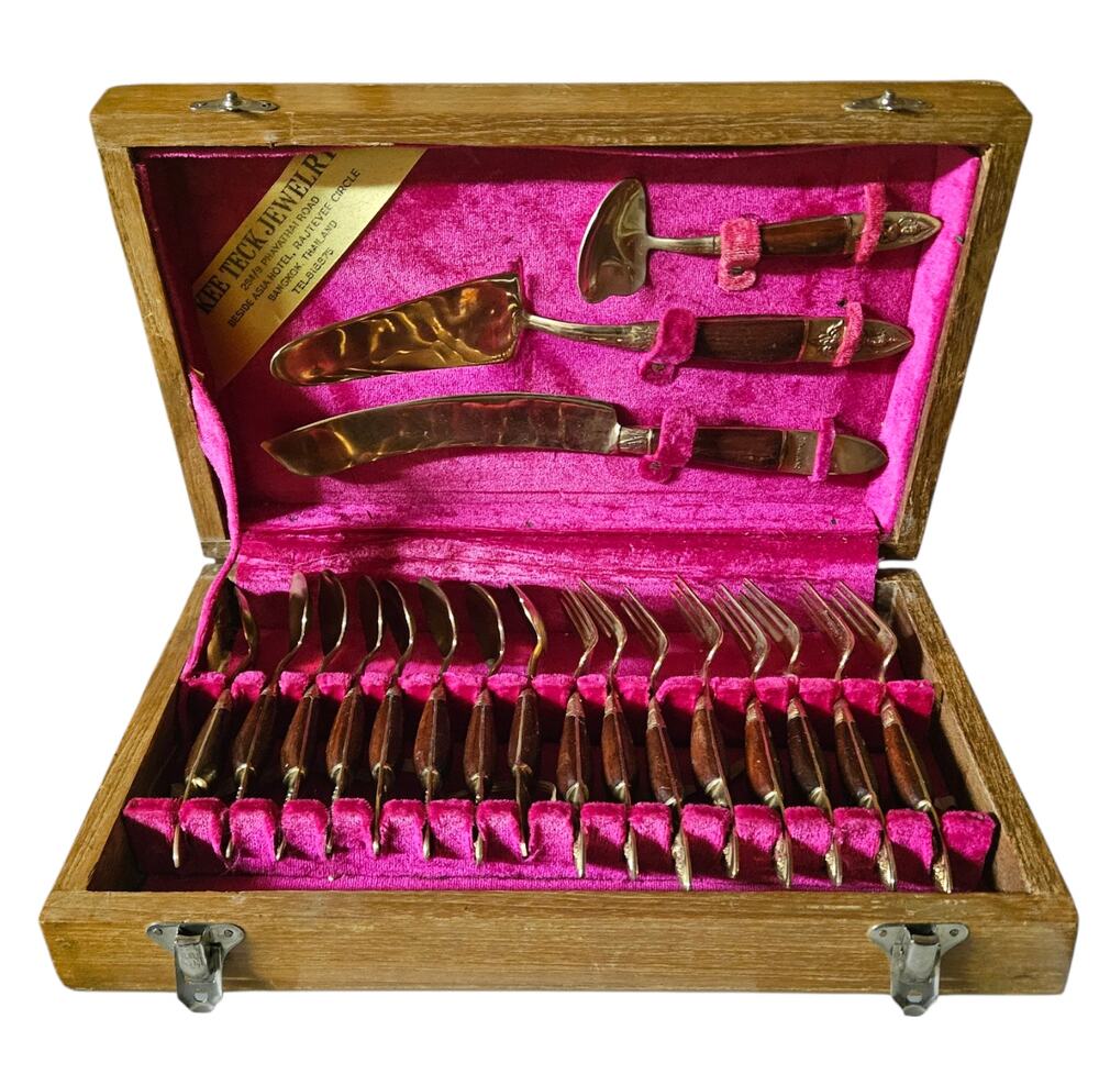 Vintage Thai Teak Wood Handle Brass Flatware Cutlery Set Bangkok Kee Teuk 24pc